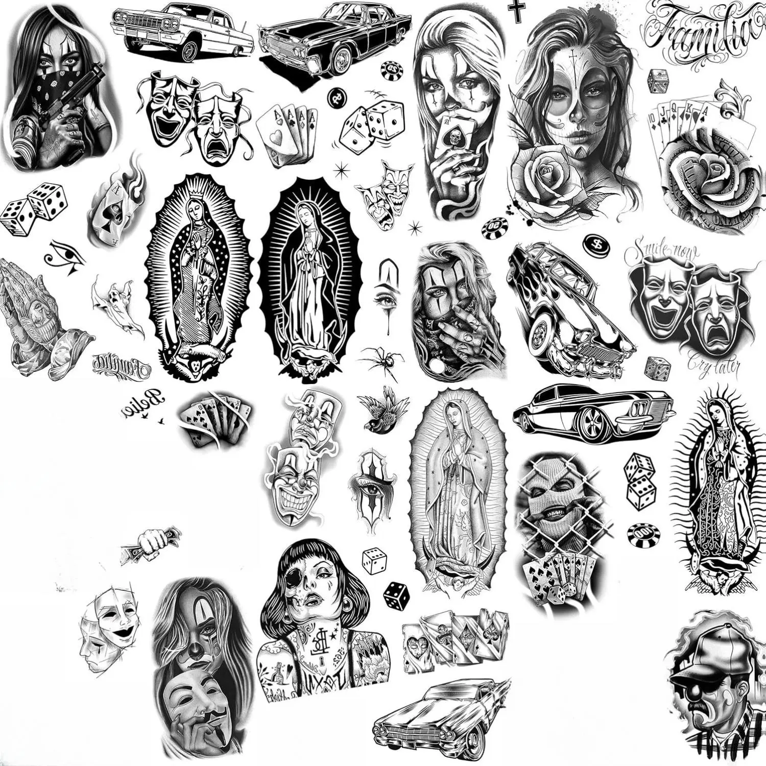 6 Sheets Large Chicano Temporary Tattoos For Men Women Adult, Chicana Guadalupe Gangster Fake Tattoos Prisoner Day of the Dead, Halloween Mexico Tattoo Stickers, Tatuajes Temporales Autocolante Case Coffee