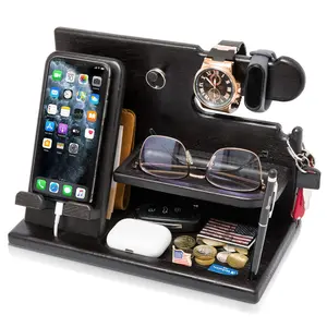 TESLYAR Wood Phone Docking Station for Men - Desk Accessories & Workspace Organizer - Nightstand Organizer - Birthday Gifts for Men or Dad - Idea for Anniversary - Key Holder - Stand Watch (Black)