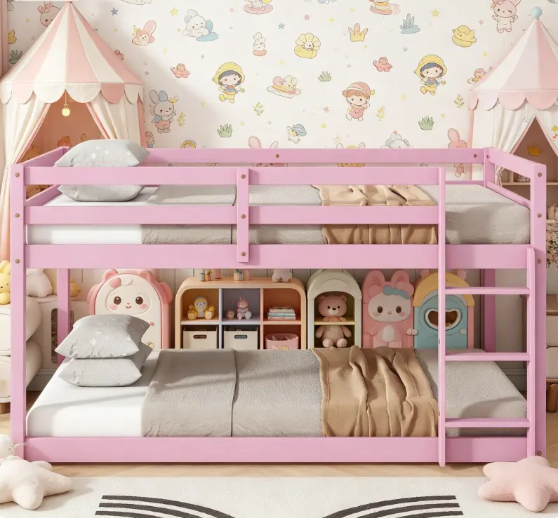 Twin Over Twin Pink Solid Wood Bunk Bed with Rubber Easy-Access Integrated Ladder, Strengthened Slats, Elegant Indoor Bedroom Furniture for Modern Homes
