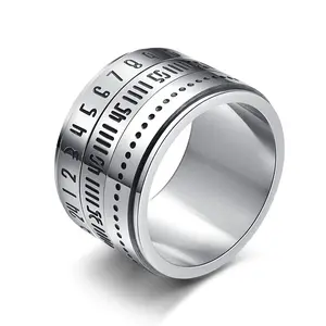 Men's Casual Stainless Steel Spinner Ring with Rotating Arabic Numerals, Fashionable Fidget Band Jewelry, Figure