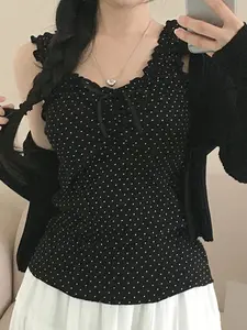 Girls' Y2K Style Polka Dot Print Sleeveless Vest with Ruffled Edges, Slim-Fit Summer Casual Top, Cute Fashionable Design for Daily Wear, Fashion Knitwear