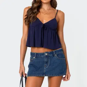 Women Y2k Camisole Sleeveless Spaghetti Straps V-Neck Tank Tops Summer Peplum Hem Babydoll Shirts Streetwear