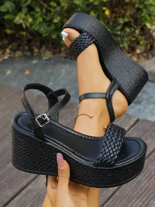 Women's Summer Wedge Sandals Soft Sole Waterproof Platform Casual Open Toe Shoes, Thick Bottom PU Material, Plus Size Flat Footwear