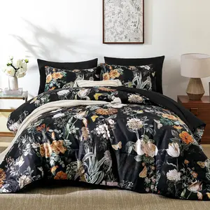 Black Comforter Set Queen, 7 Pieces Bed in a Bag Botanical Floral Comforter Bedding Set, Soft Microfiber Comforter with Flat Sheet, Fitted Sheet, Pillow Sh