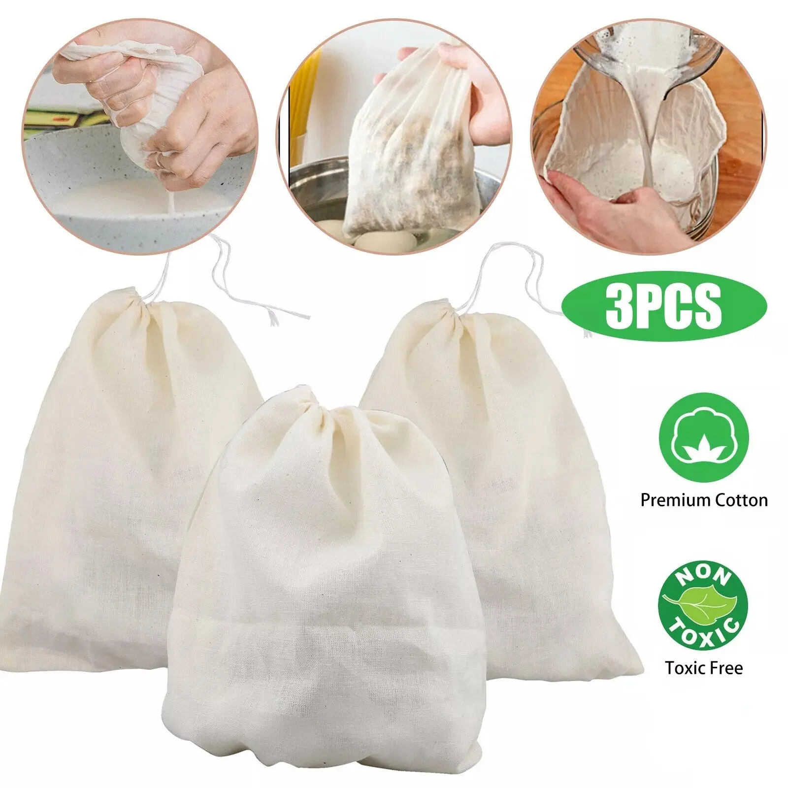 3Pcs Cotton Nut Milk Bag Reusable Food Strainer Brew Coffee Cheese Cloth Bag