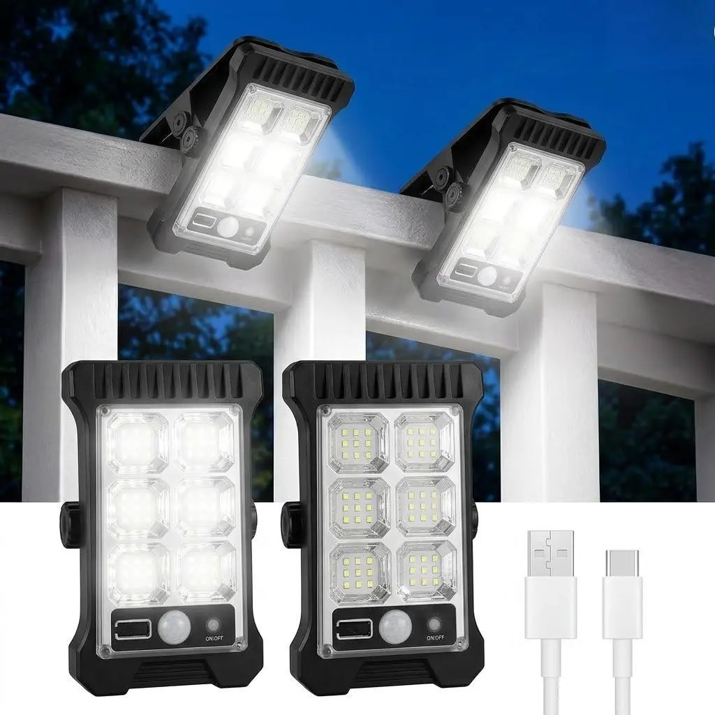 2 Pack Solar Clip Lights with Motion Sensor,IP65 Waterproof Wireless Security Lighting for Yard, 4  Color Adjustable Outdoor Solar Flashlight with Remote Durable High Lumens
