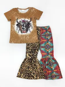 Western Cow Print bell pants Girls Set