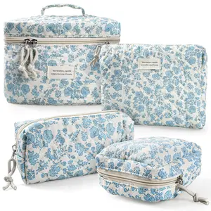 Makeup Cosmetic Bag( 4PCS), Large Cotton Quilted Travel Coquette Aesthetic Cute Floral Make up Bag for Women Toiletry Bag Organizer