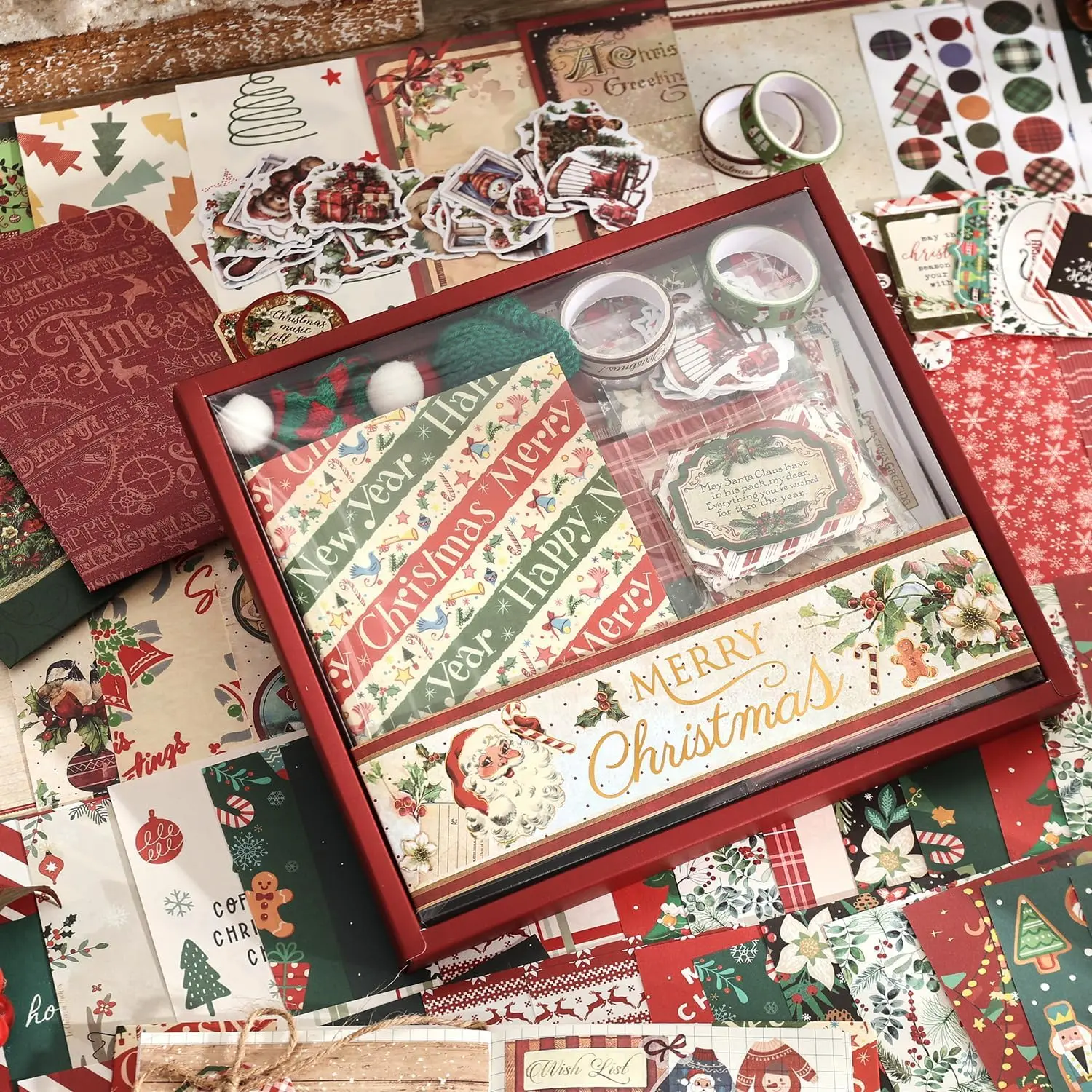 201 Pcs Christmas Scrapbooking Set - Craft Paper & Cute Stickers DIY Journaling Kit for Bullet Junk Notebooks, Women's Christmas Party Crafting & Gifting