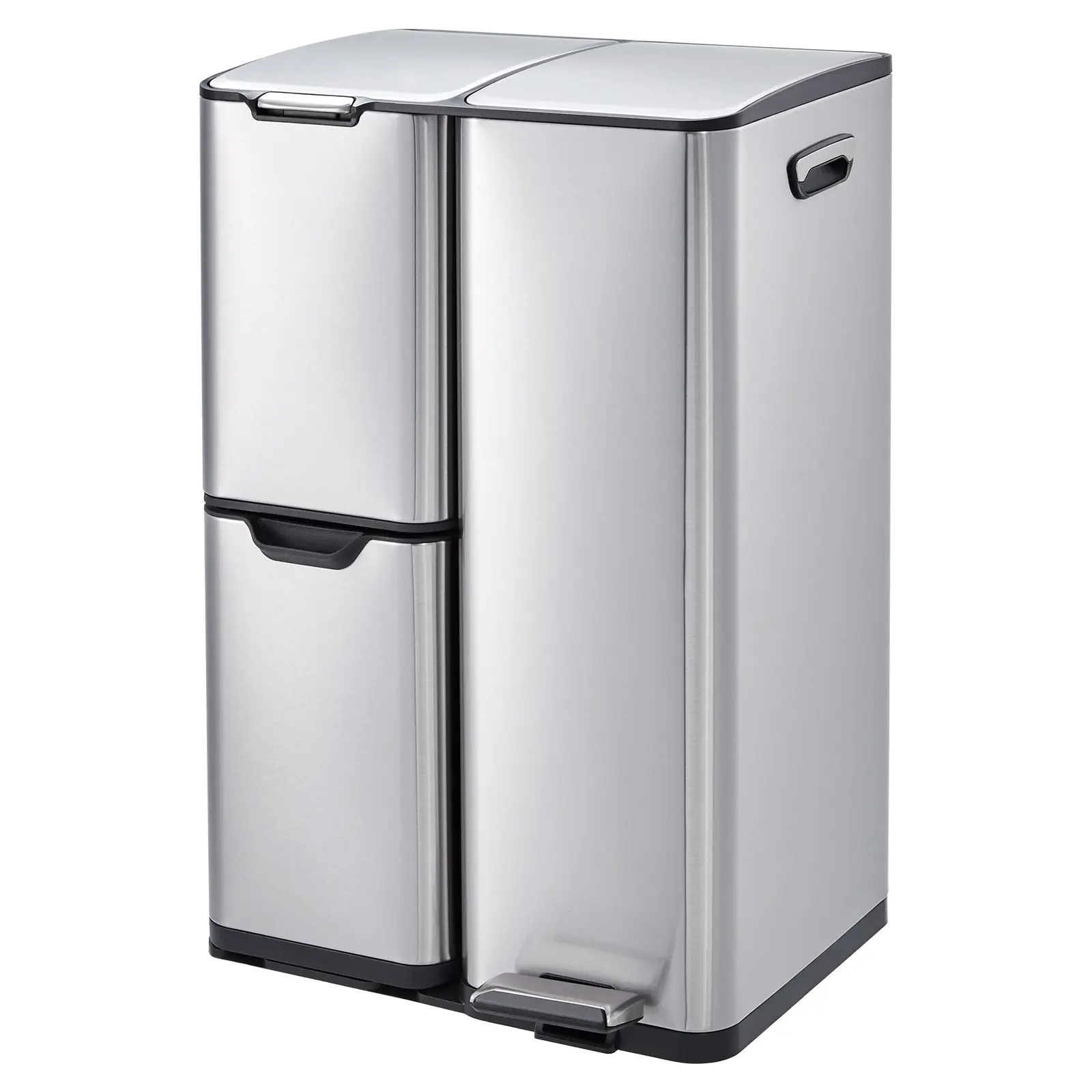 16 Gal/60L Triple Compartment Garbage Can with Lid – Stainless Steel Trash Can for Kitchen, Recycle Bins Combo with Inner Buckets & Foldable Foot Pedal, Garbage Bin for Home Office Trashcan With Lid