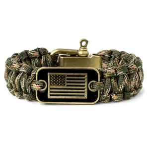 Camo Paracord Bracelet Men, Tactical Survival Bracelet with Bronze American Flag, Adjustable Emergency Rope Band, EDC Gift for Outdoorsman Hiking Camping Gear Survival Tools Survival Supplies