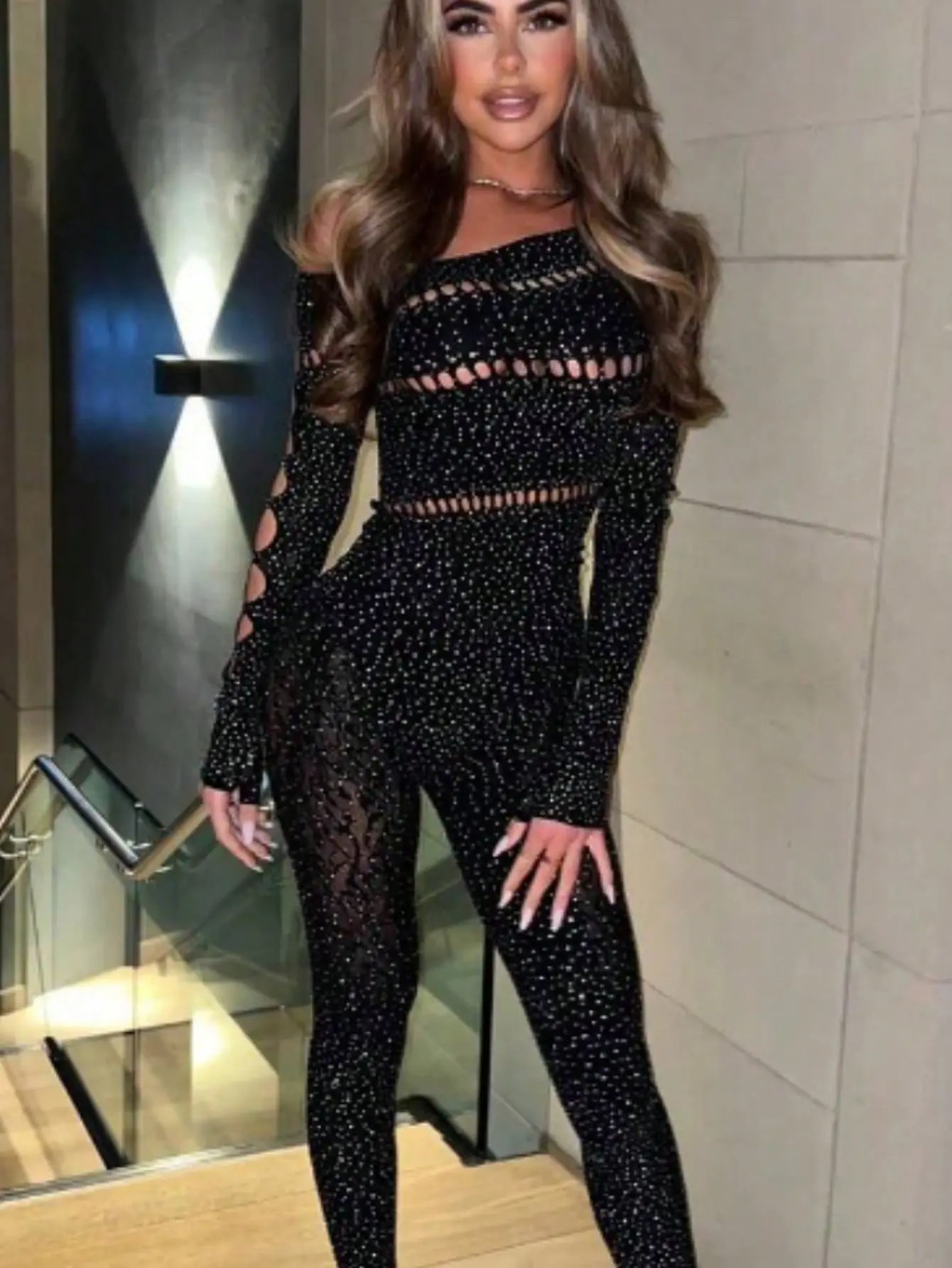 Sexy Sheer Mesh See-Through Elastic Elastic Jumpsuit Sheer Diamond One Piece Fishnet Bodysuit