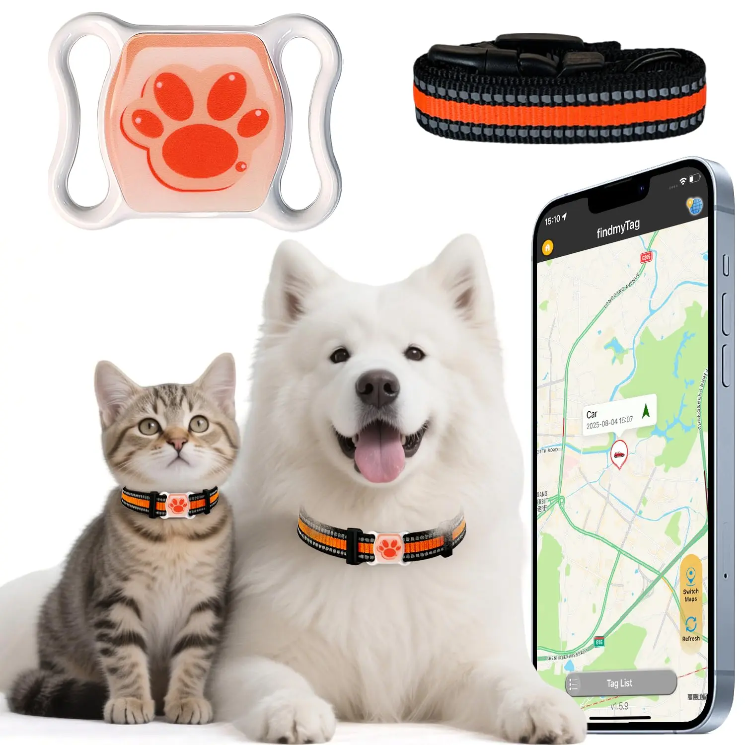 Pet GPS Tracker for Dogs & Cats - No Monthly Fee/Subscription, Free Pet Collar Included | Waterproof, Anti-Lost, Real-Time Tracking Collar | 365-Day Long Battery Life | Compatible with iOS & Android Durable Reflective Harness Tag dog accessories