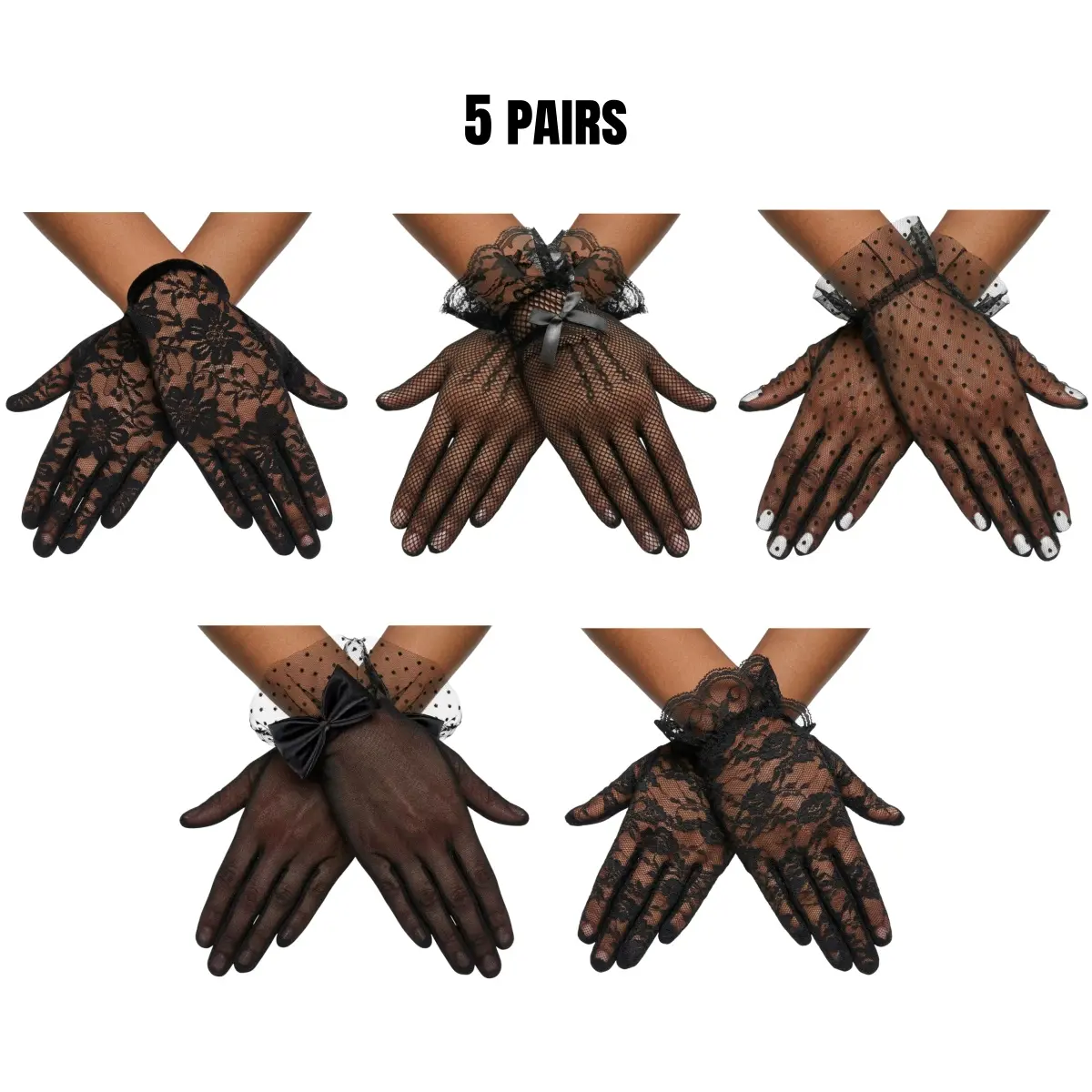 5 Pairs Women Lace Gloves, Elegant Floral Tea Party Gloves, Sheer Fishnet Polka Dot Mesh Wrist Length Wedding Bridal Gloves for Funeral, Opera, Christmas, Prom,For Tea Party, Wedding, Church, Funeral, Gothic Novelty Costume Accessories