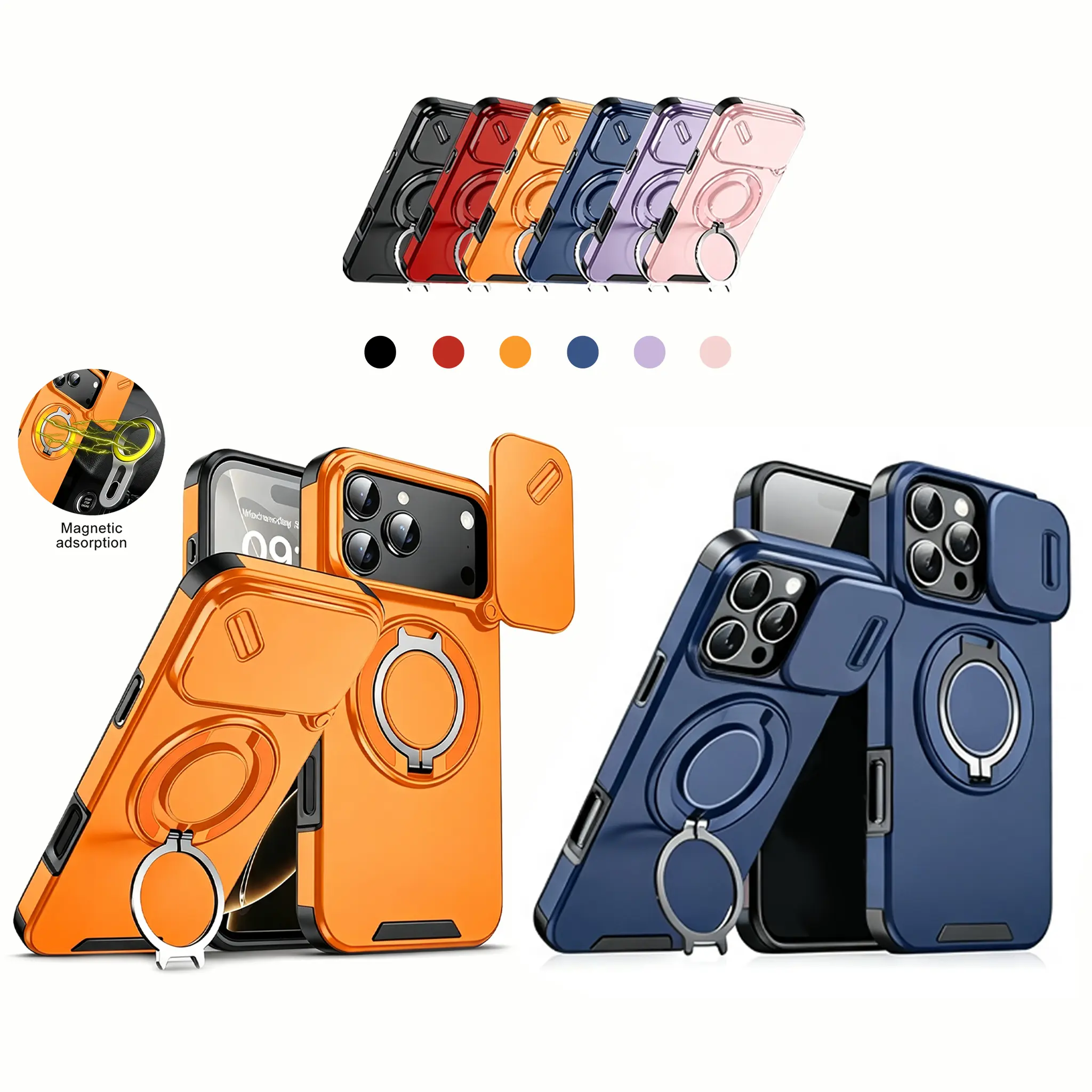 Slide Camera Cover Phone Case for iPhone 17/16/15/14 Pro Max - TPU+PC Military-Grade Drop-Proof Armor Shell, 360° Rotating Ring Kickstand, MagSafe Magnetic Holder, Full Lens Shield