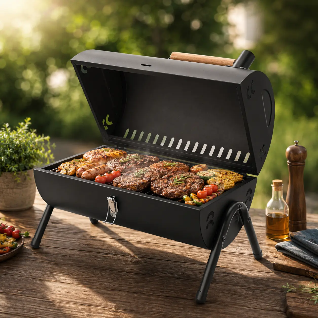 Tabletop Charcoal Grill BBQ Smoker for Outdoor Camping. Includes 2 Grill Nets & 1 Griddle Pan. Compact & Easy to Clean.