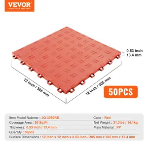 VEVOR Garage Tiles Interlocking, 12x 12x 0.53 inch 50 Pack Garage Floor Covering Tiles, Non-Slip Double-Sided Texture Garage Flooring Tiles, for Garages, Basements, Repair Shops, Red