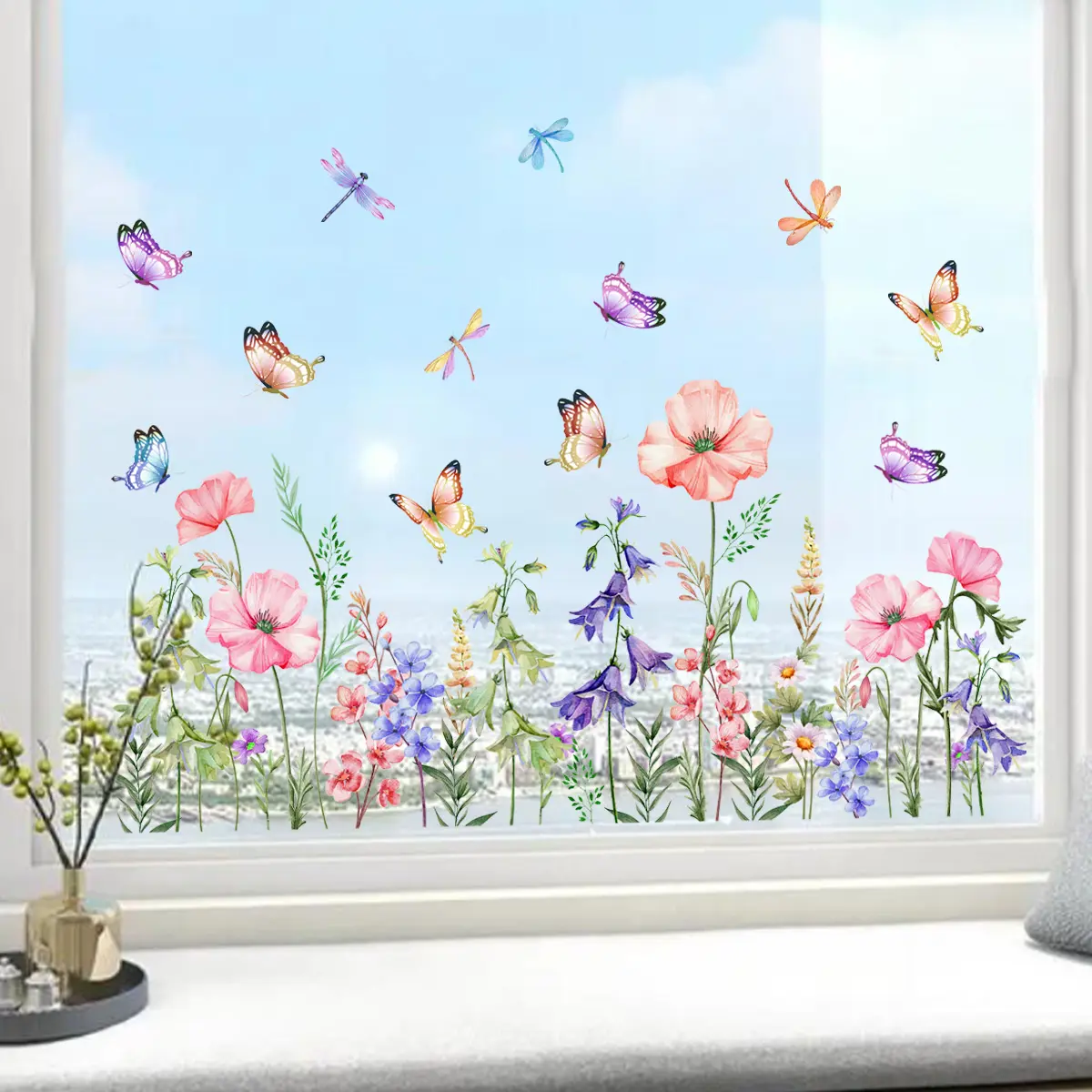 A dreamy flower, butterfly and dragonfly creative static glass Decorative sticker for window decoration, visible from both sides, D20561