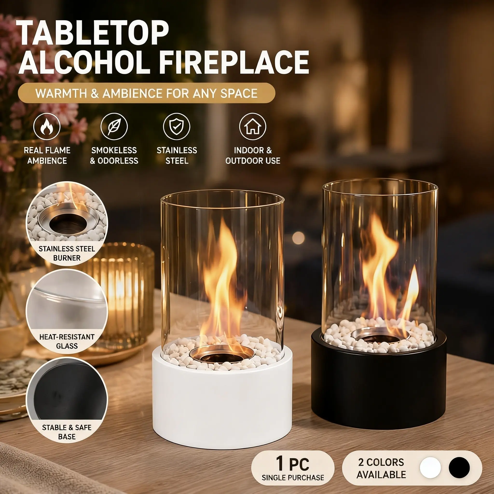 Portable 1-Piece Stainless Steel Round Shape Tabletop Fireplace - Round Glass Strip Ambient Light Outdoor/Indoor Heater, Valentine’s Day Couple Gift