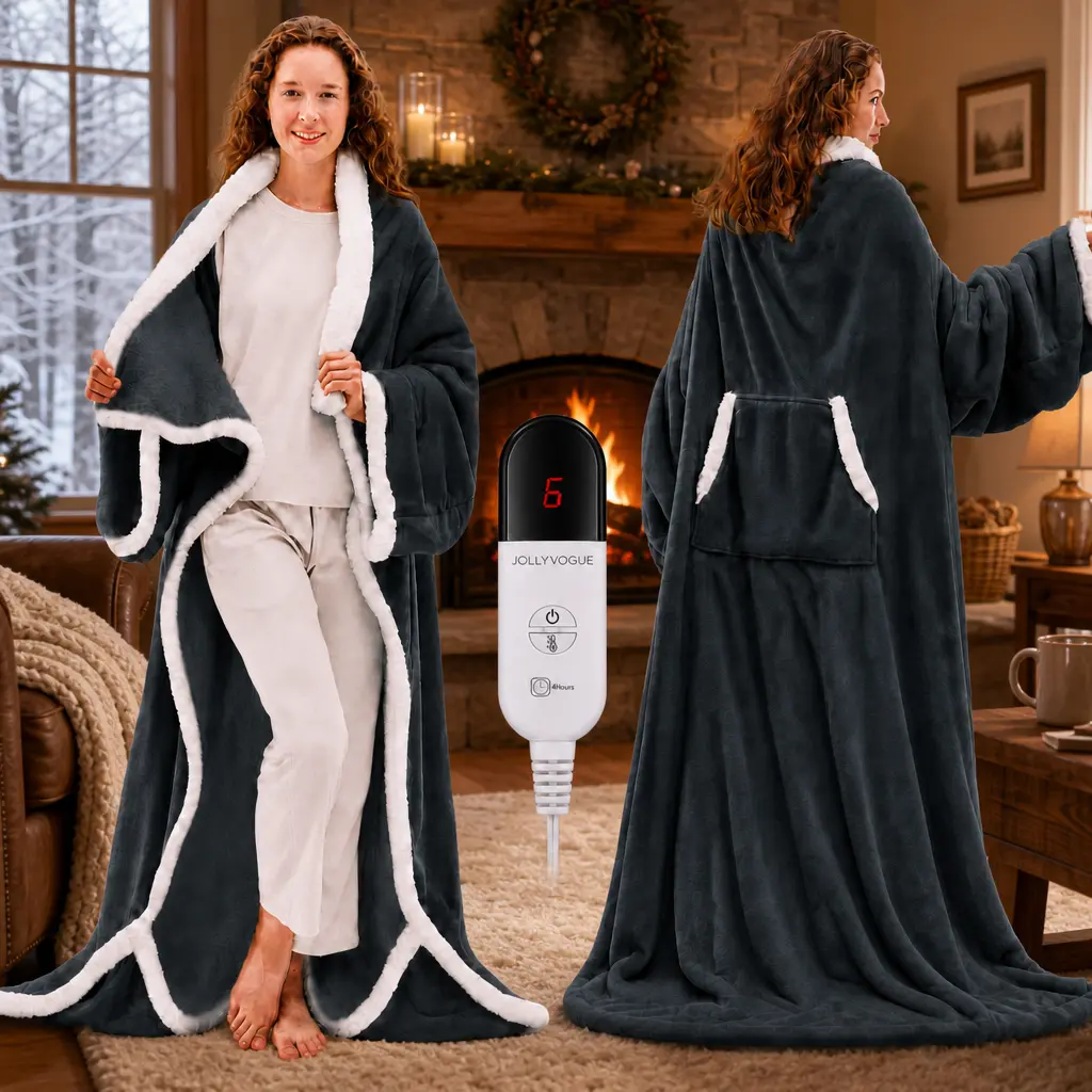 JOLLYVOGUE Polyester Wearable Heated Blanket - Electric Heating Blanket with Sleeves, Foot Pocket, 7 Heat Levels, 4h Auto Shut-Off, Machine Washable for Adult Users, Home Office Use, Birthday Gift