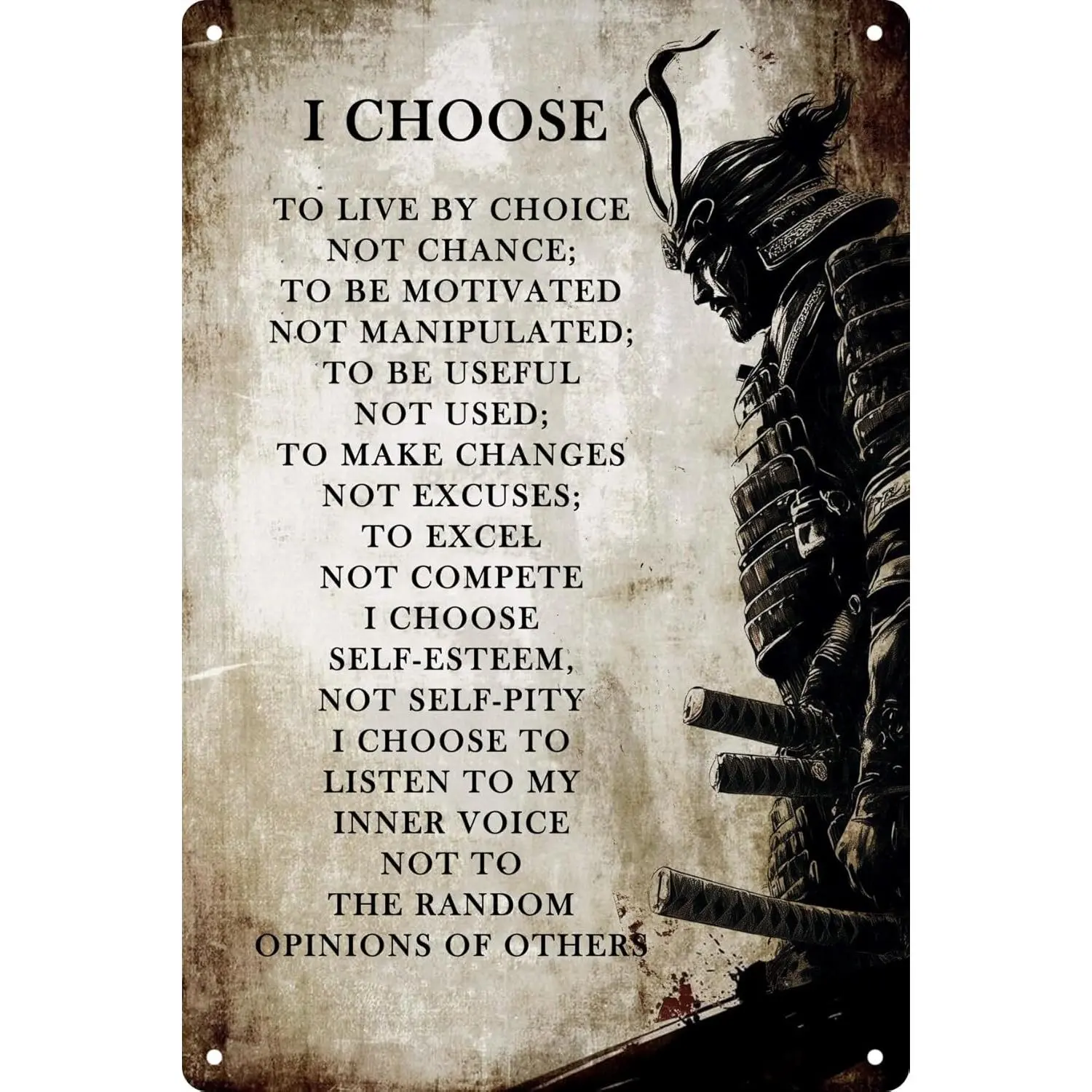CSWLJS Lightweight Colorful Retro Metal Tin Sign - "I Choose To Live By Choice" Inspirational Samurai Wall Art, 8x12in Home Decor Poster Print for Room Gift