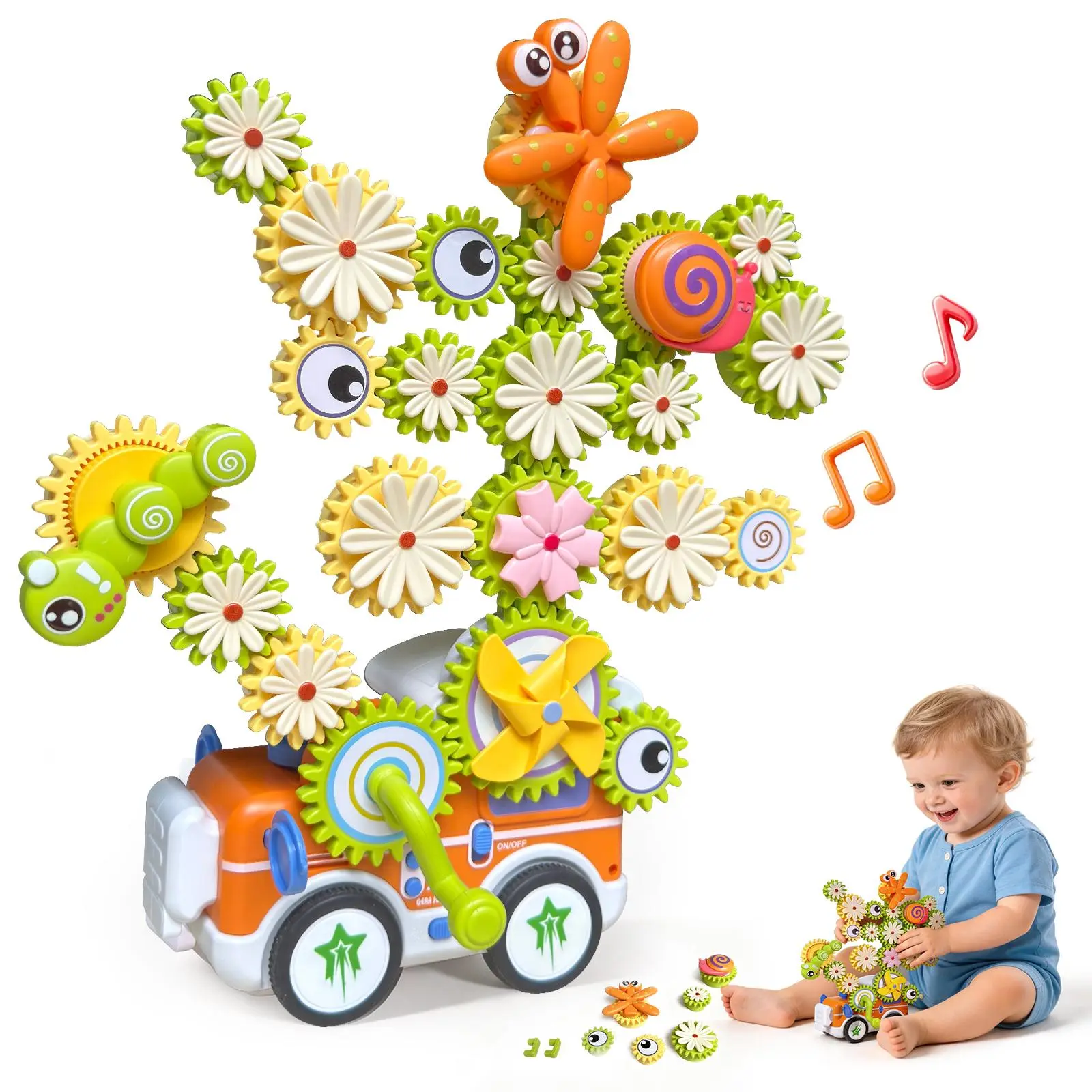 Snugplay Montessori Toys, Toddler Musical Train Set with Gears, Orange | Electric Musical Train with DIY Rotating Gears, Flowers and Insect Parts for STEM Learning, Sensory Play and Gifts for Ages 3–12
