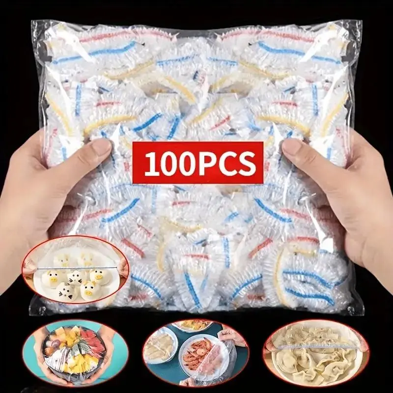 Reusable Food Fresh Keeping Cover 100pcs Kitchen Storage Accessories Elastic Clear Plastic Wrap Microwave Safe Leak Proof Versatile Food Grade PE Wraps for Hot Meals Vegetables Fruits Freezer Jar Healthy Eating Containers, Utensils, Food Storage Container