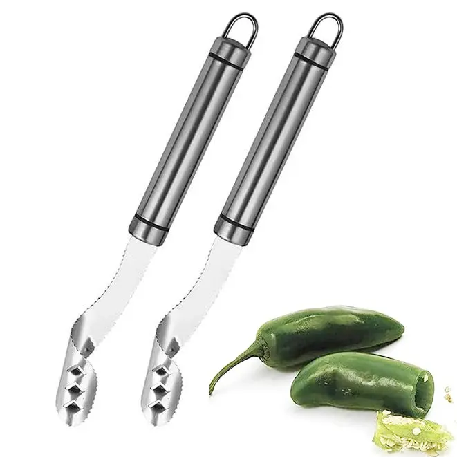 2pcs Stainless Steel Jalapeno Pepper Corer Kitchen Gadget Set - Dual-Use Culinary Chili Seed Remover with Serrated Blade, Handle, Vegetable Cutting Slicer for Tops, Cores, Versatile Use, Fruit Vegetable Slicer