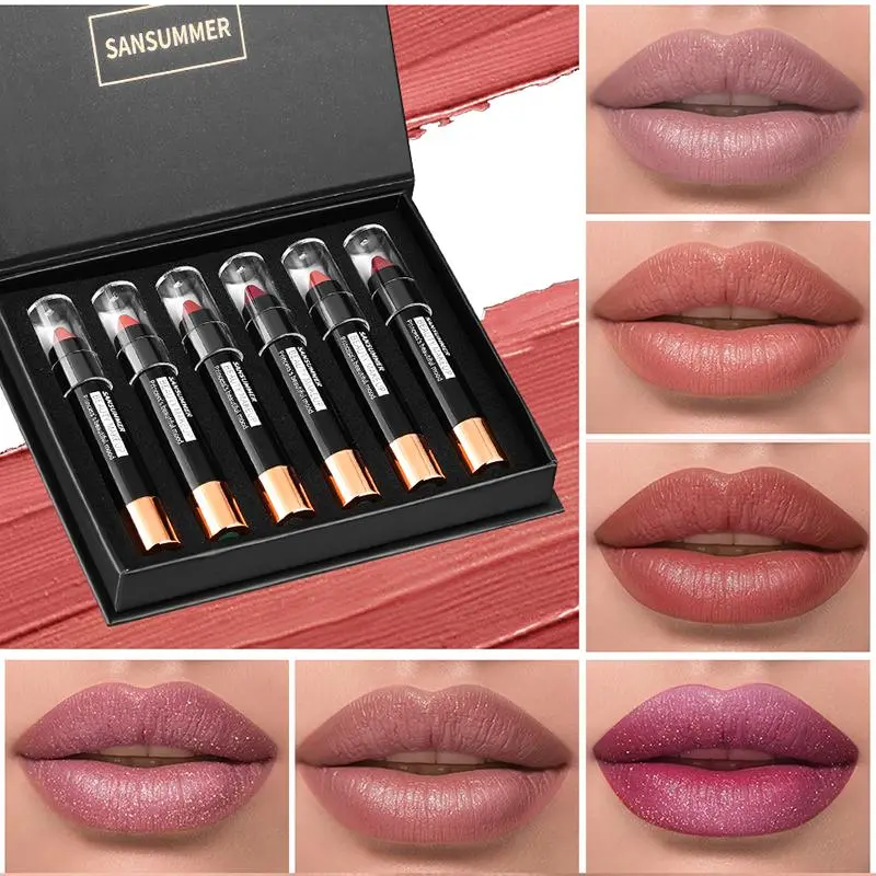 SANSUMMER 6 Pcs Crayon Lipstick Set, Matte and Shimmer Glitter Lip Crayon, Long Lasting Highly Pigmented Lip Makeup Gift Box Gloss Lipgloss Coffee Golden