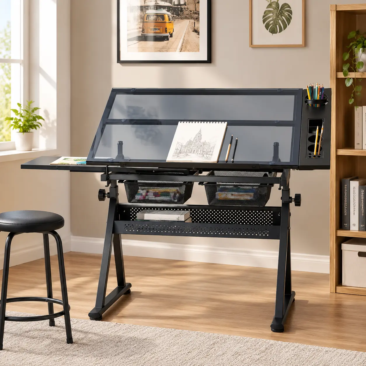 35.43in Height-Adjustable Drawing Desk with Tilting Glass Top, Office Furniture with Storage Bins for Artists & Home Office Use, Height Adjust