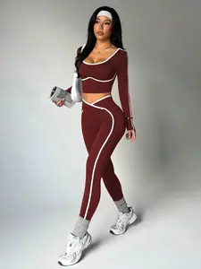 Women's Sportswear Set Colorblock Knit Tracksuit 2-Piece Set, Slim Fit Long Sleeve Sweatsuit, Women's Athleisure Lounge Outfit