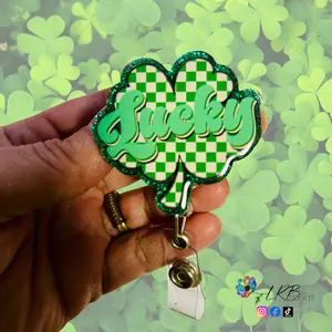 Checkered Lucky Clover Badge - St. Patrick's Day Badge Reel - Retractable ID Holder - Handmade - Customizable - Badge Charm - Nurse Badge Reel - Carabiner Clip - Teacher Lanyard - Stethoscope ID Tag - Magnetic Badge - Pin - Magnet - St Patty's Day