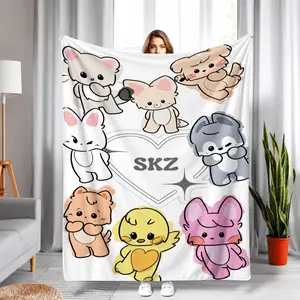 Warm Cozy SKZ Cartoon Character Flannel Blanket Soft Polyester All-Season Throw Sofa Bed Car Office Air-Conditioned Rooms Bed Warmer Durable Labor Day Halloween Christmas Birthday Gift