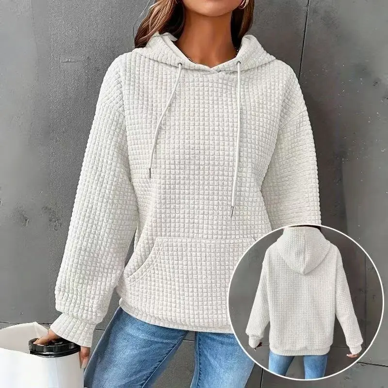 Women's Waffle Knit Hoodie, Casual Long Sleeve Pullover Sweatshirt with a Drawstring, Oversized Top for Everyday Layering