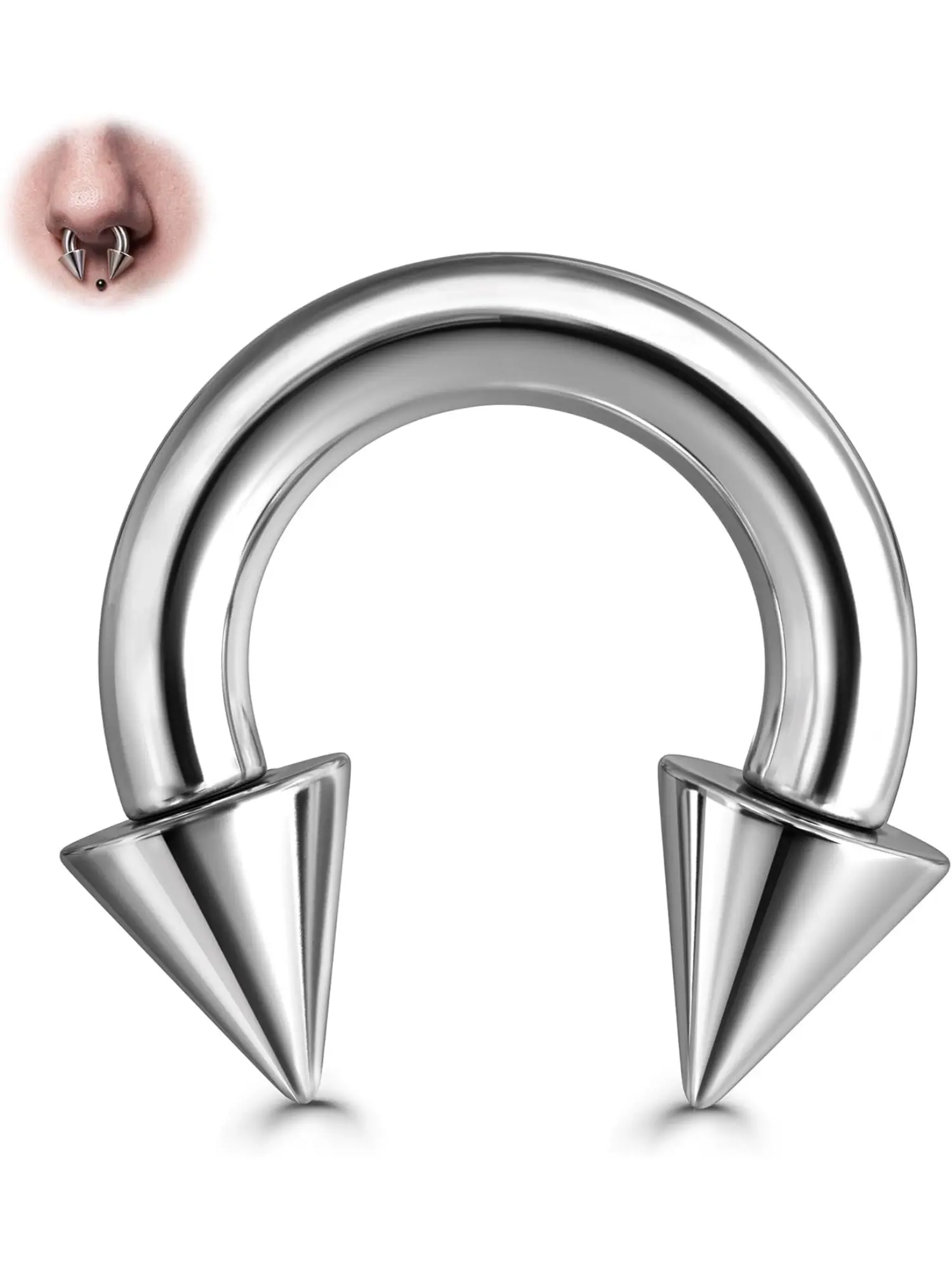 1 Pcs G23 Titanium Septum Rings 6G 8G 12G - Horseshoe Circular Barbell Spikes Stretched Pincher Body Piercing Jewelry Nose Piercing Jewelry ASTM F136 Titanium Earrings for Women Men Silvery 10MM 12MM Septum Pierced Ring