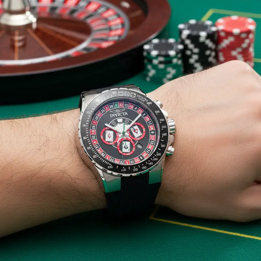 Invicta Aviator Men's 50mm Chronograph Watch - Black Roulette Dial, Stainless Steel Case, Black Silicone Strap, Playing Card Sub-Dials, Green Sweep Hand, Tachymeter, Dice Bezel, Japanese Quartz VD53, 100m Waterproof Sport Casino Fashion Accessory, Easy To
