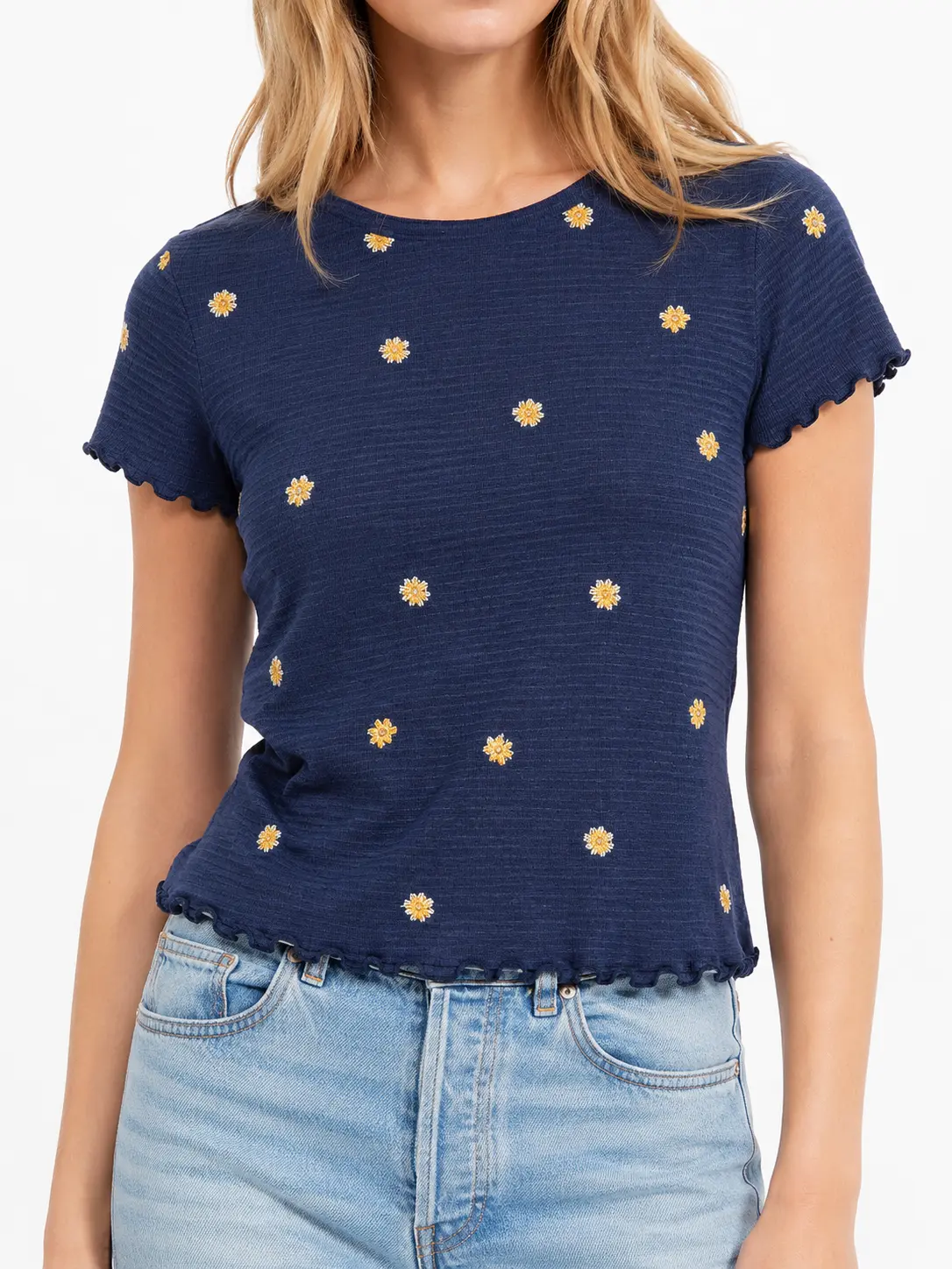 Navy Daisy Embroidered Baby Tee – Textured Lettuce Trim Short Sleeve Top