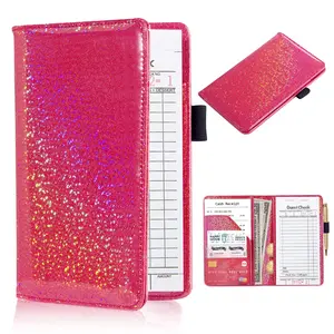 Server Books for Waitress, Guest Book Note Pad, Cute Pocket Leather Money Organizer Wallet Fit Server Apron, Red Glitter