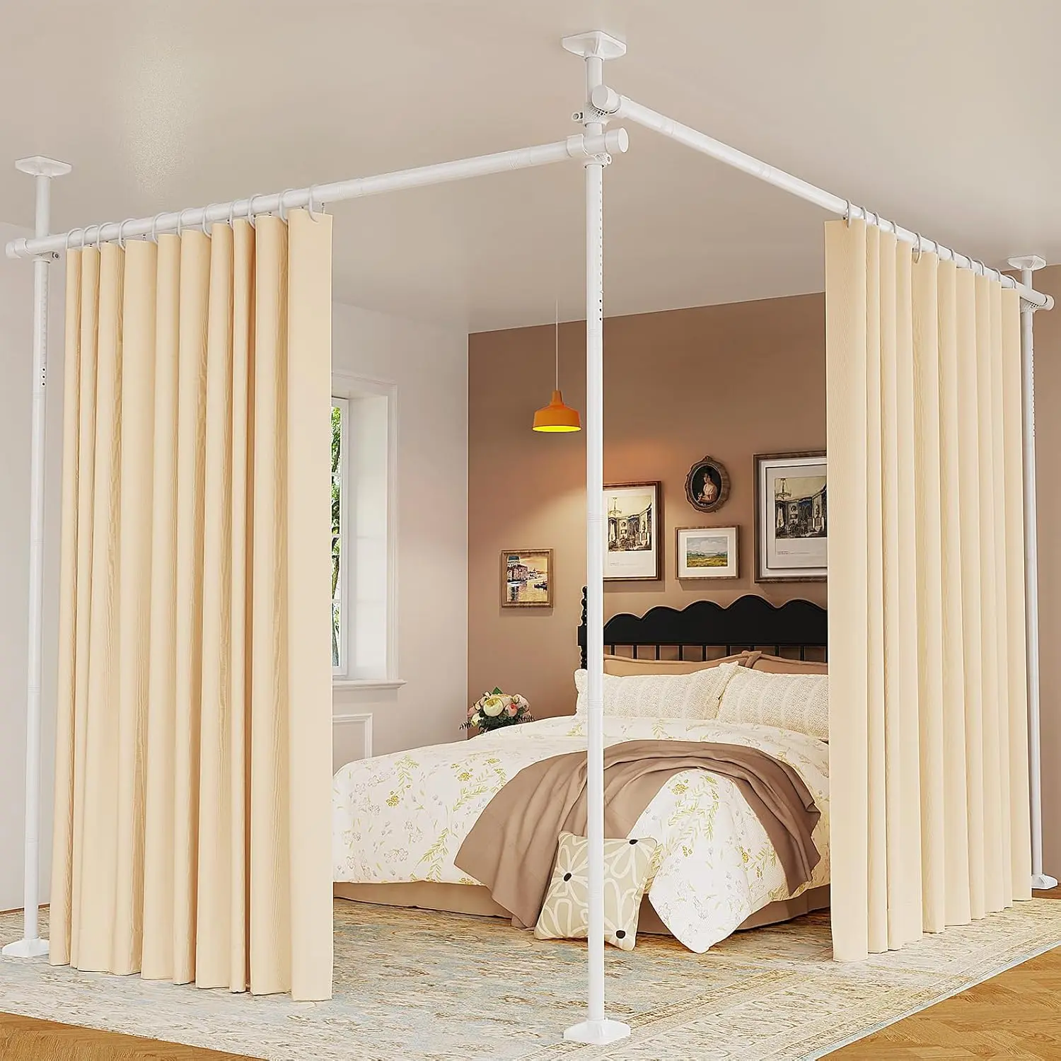 Modern White Room Divider - No-Drill Tension Curtain Rods, 4-10ft H x 28-114in W Adjustable, Heavy-Duty Freestanding Temporary Space Partition
