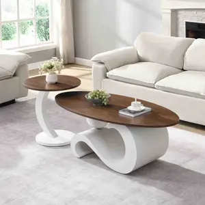 Modern Nesting Coffee Table Set of 2, Oval and Round Coffee Table Set for Living Room, Wood Coffee Table and Round End Table, Luxury Living Room Accent Table for Apartment (Brown&White)