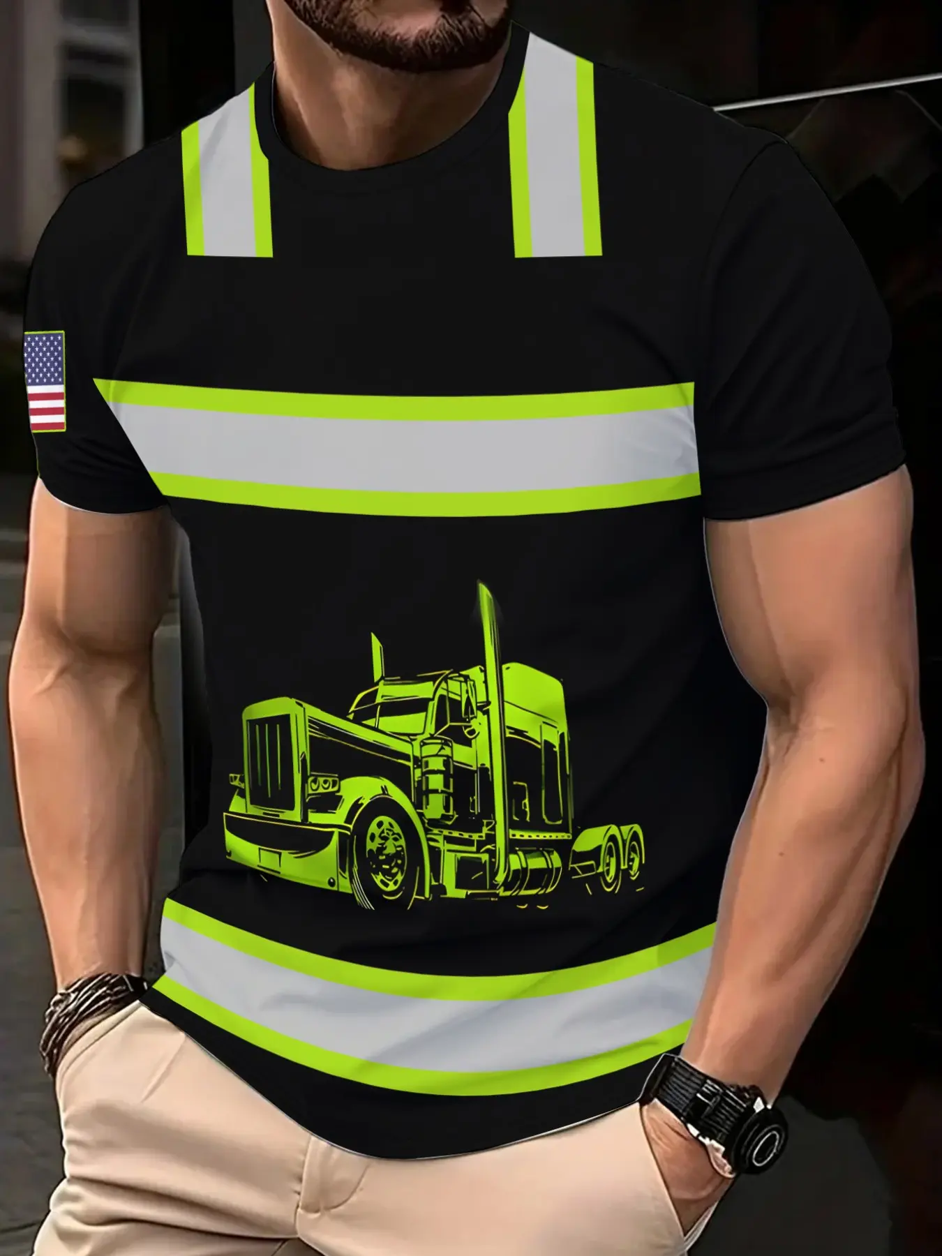 A men's 3D digital printed T-shirt, Casual Sporty Shirt, Menswear, Streetwear Casual, with the pattern of a black truck.