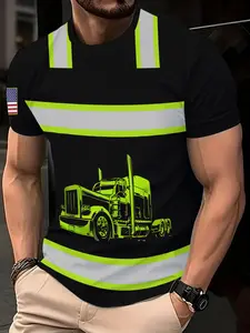 A men's 3D digital printed T-shirt, Casual Sporty Shirt, Menswear, Streetwear Casual, with the pattern of a black truck.