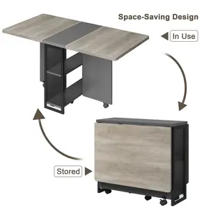 Rolling Drop Leaf Dining Table on Wheels, Foldable Expandable with 2 Storage Shelves, Space Saving Extension Table for Kitchen Living Room, Light Brown and White