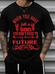 Men's Faith in God Future God Funny Religious T-Shirt - 180GSM 100% Cotton Black Short Sleeve Round Neck Casual Top with Religious Slogan, Soft Comfortable Wearable for Church, Everyday Outfits & Year-Round Spiritual Apparel