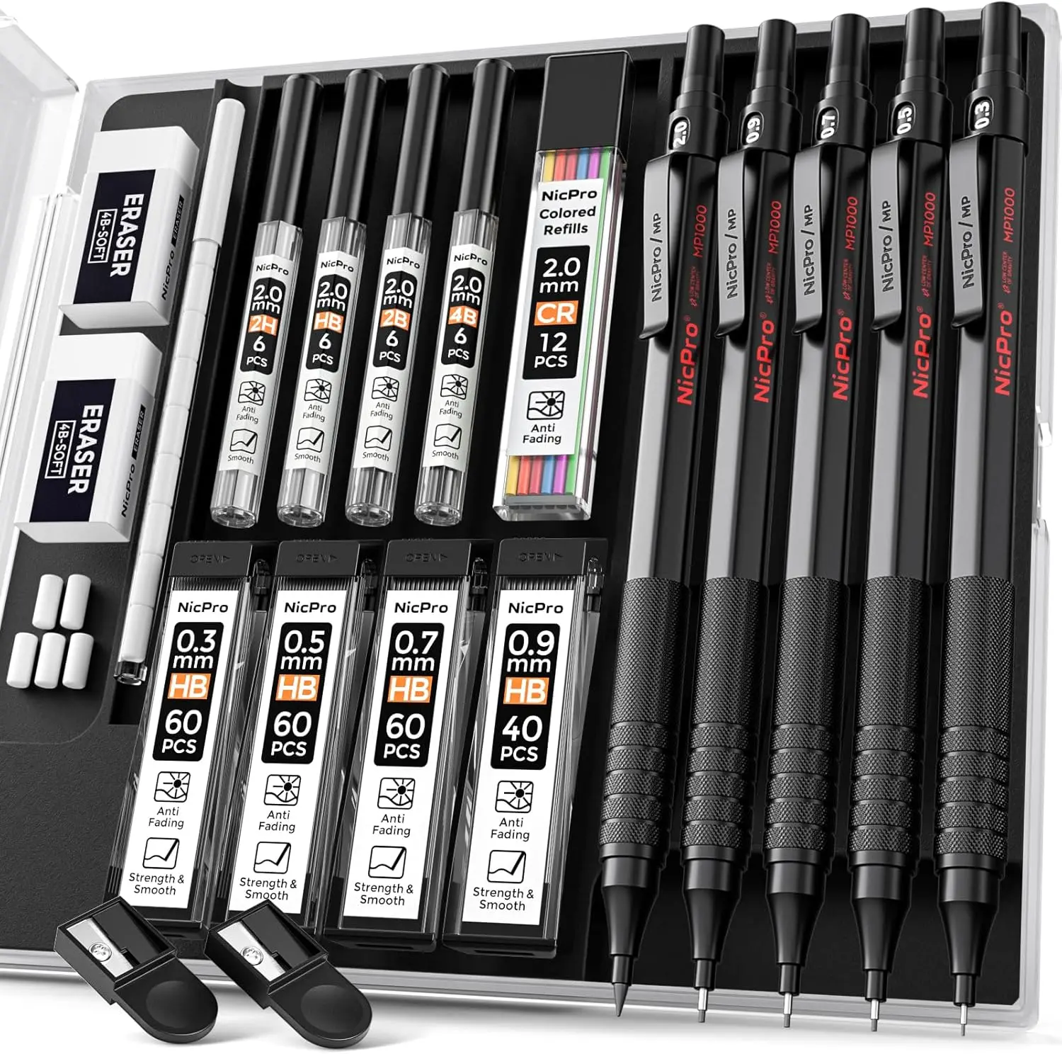 Nicpro Mechanical Pencils Set - 5-Pack Compact Full-Metal Body Assorted Colorful Pencils with 0.3/0.5/0.7/0.9/2mm Lead Holders, 4B/2B/HB/2H Lead, 9 Refills, Eraser, Case - Office Stationery Supplies, Colorful Set Pencils