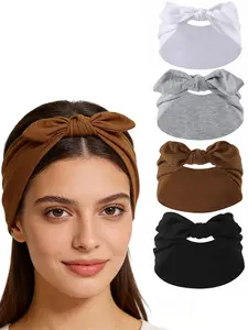 4pcs Boho Yoga Sports Exercise Workout Training Headbands, Rabbit Ears Bow Elastic Non-Slip Wide Sweat Absorbent Sweat Absorbing Headband Crossed Hair Bands for Women, All Seasons Use