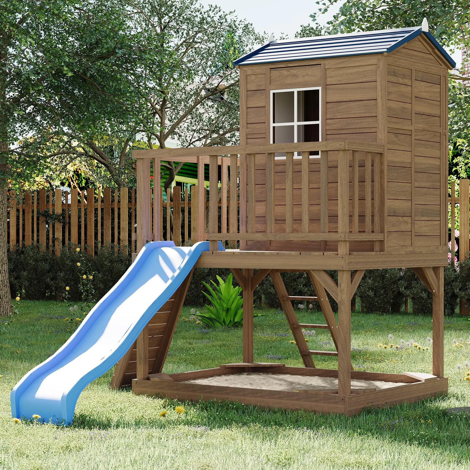 GAOMON Kids Outdoor Play Cedar Wooden Playhouse with Sandbox, 2-Story Elevated Kids Outdoor Play Set with Slide & Step Ladder, Ideal Children's Day Gift - SummerVibes, Outdoor Play Sets
