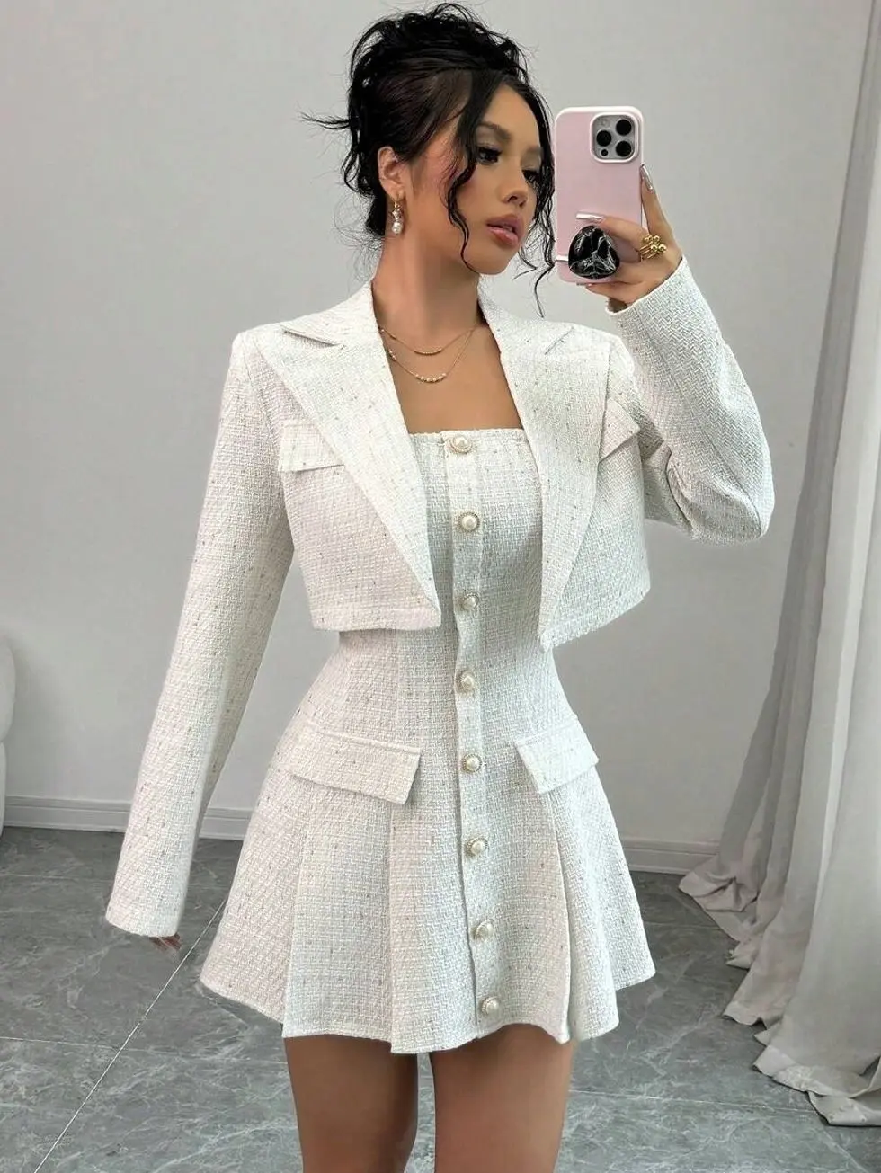Petite 2pcs Set Petite Sexy Holiday Party Suit: Strapless Dress + Short Jacket, High-End Elegant Look For Women