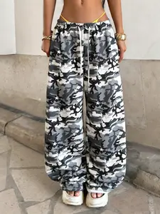 Women's Casual Camo Print Drawstring Waist Adjustable Wide Leg Pants, Fitted Natural Waist, Fashion Style, All Seasons, H Type Silhouette