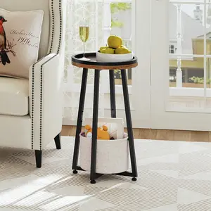 HOOBRO Small Round Side Table, 2-Tier Round Sofa End Table, Compact Nightstand with Cotton Linen Storage Basket, for Small Space, Living Room, Bedroom, Dorm, Rustic Brown #SummerVibes